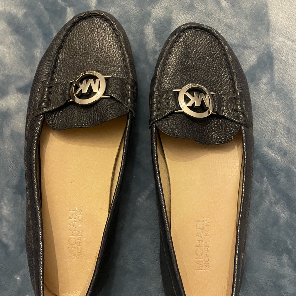Michael Kors Navy Loafers with Silver Logo